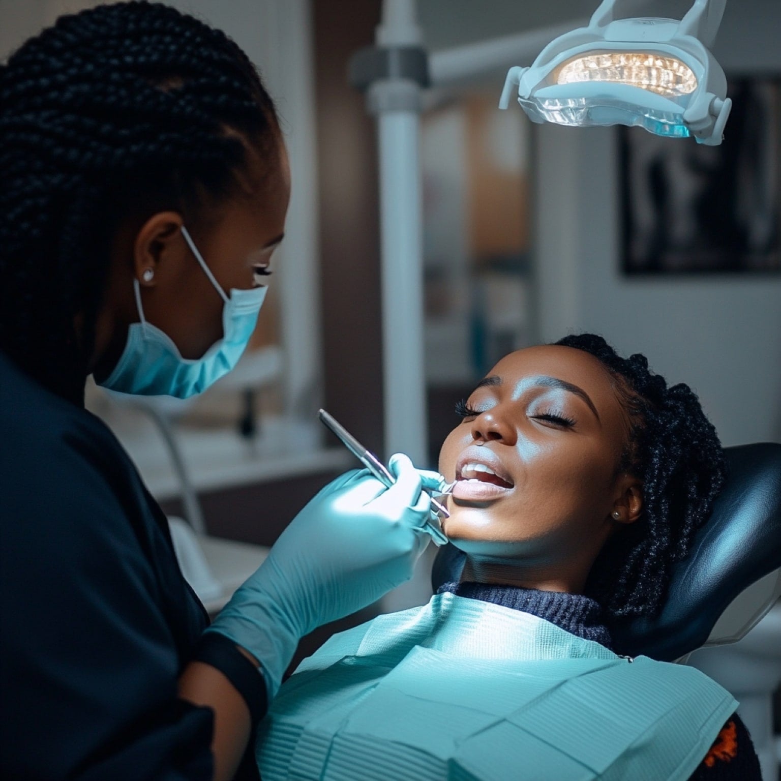 A dentist examines a person's teeth under a bright light in a dental clinic, with medical tools visible.
